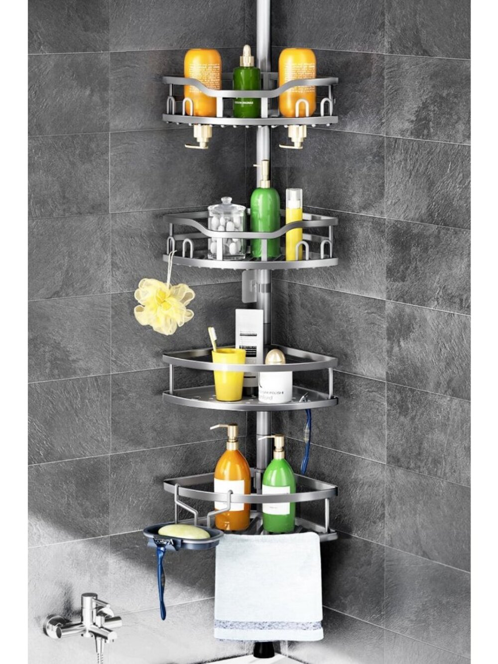 Rustproof 4-Tier Corner Shower Caddy Tension Pole - Adjustable Bathroom